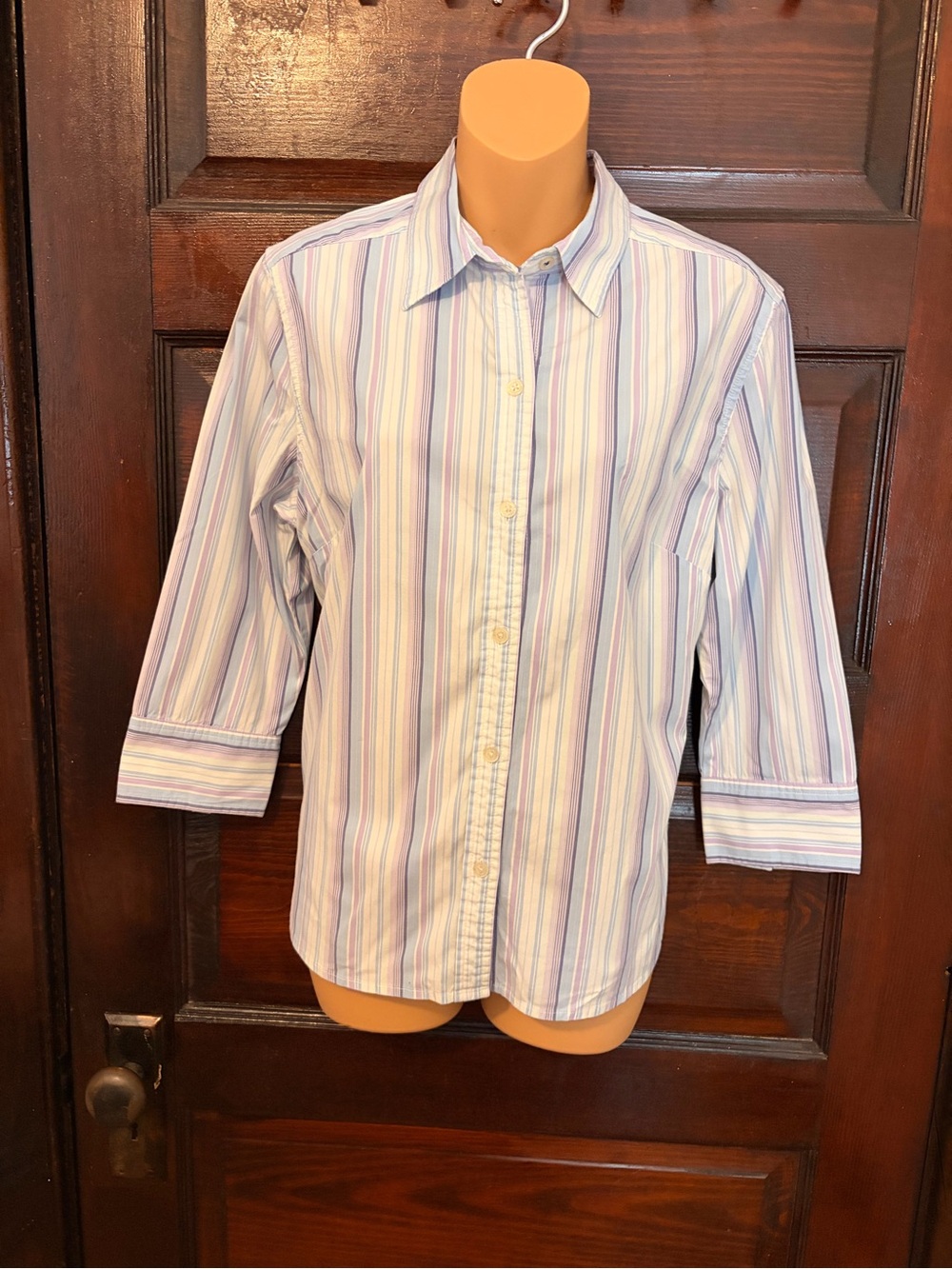 Eddie Bauer Women's Light Blue Button-Down Shirt with Pastel Stripes